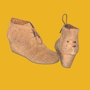 Toms Tan Wedge Booties with Perforated Design